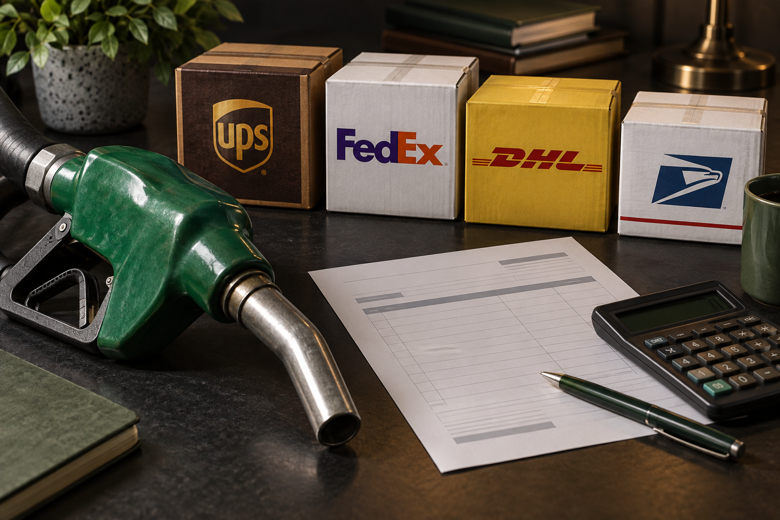AI-generated editorial composite of carrier-branded parcels, a fuel nozzle, and a sample invoice